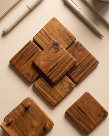 Natural Teak Wood Coasters – Set of 6 with Holder Stand