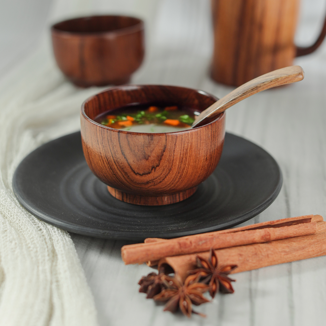 teak wood soup bowl with spoon