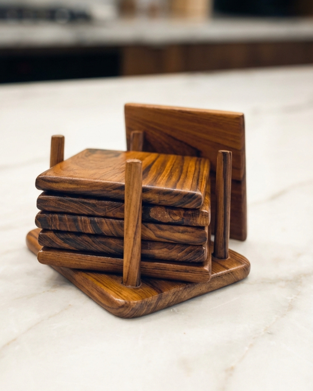 Natural Teak Wood Coasters – Set of 6 with Holder Stand