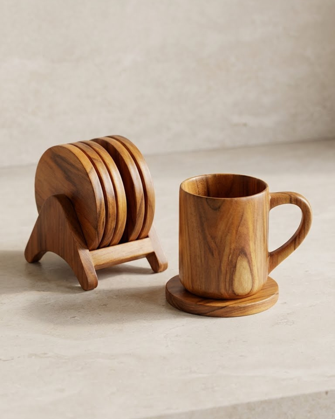 Natural Teak Wood Coasters – Set of 6 with Holder